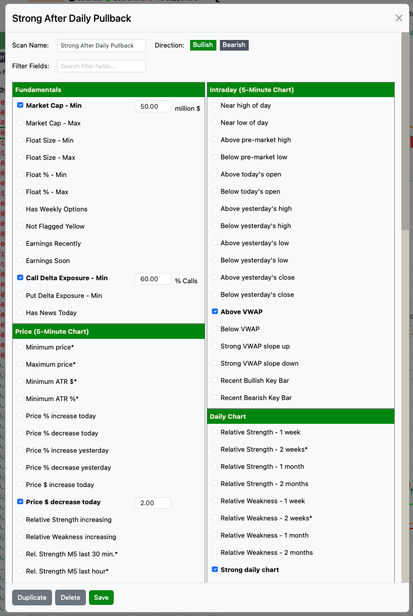 Mix and match bullish and bearish criteria in the same filter or custom scan