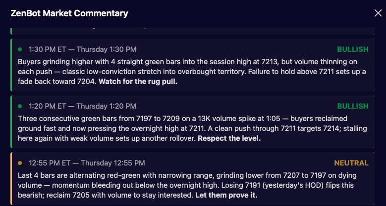 ZenBot Market Commentary feed with live observations and bullish/bearish tags