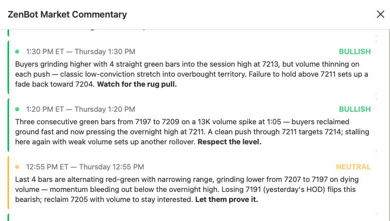 ZenBot Market Commentary feed with live observations and bullish/bearish tags