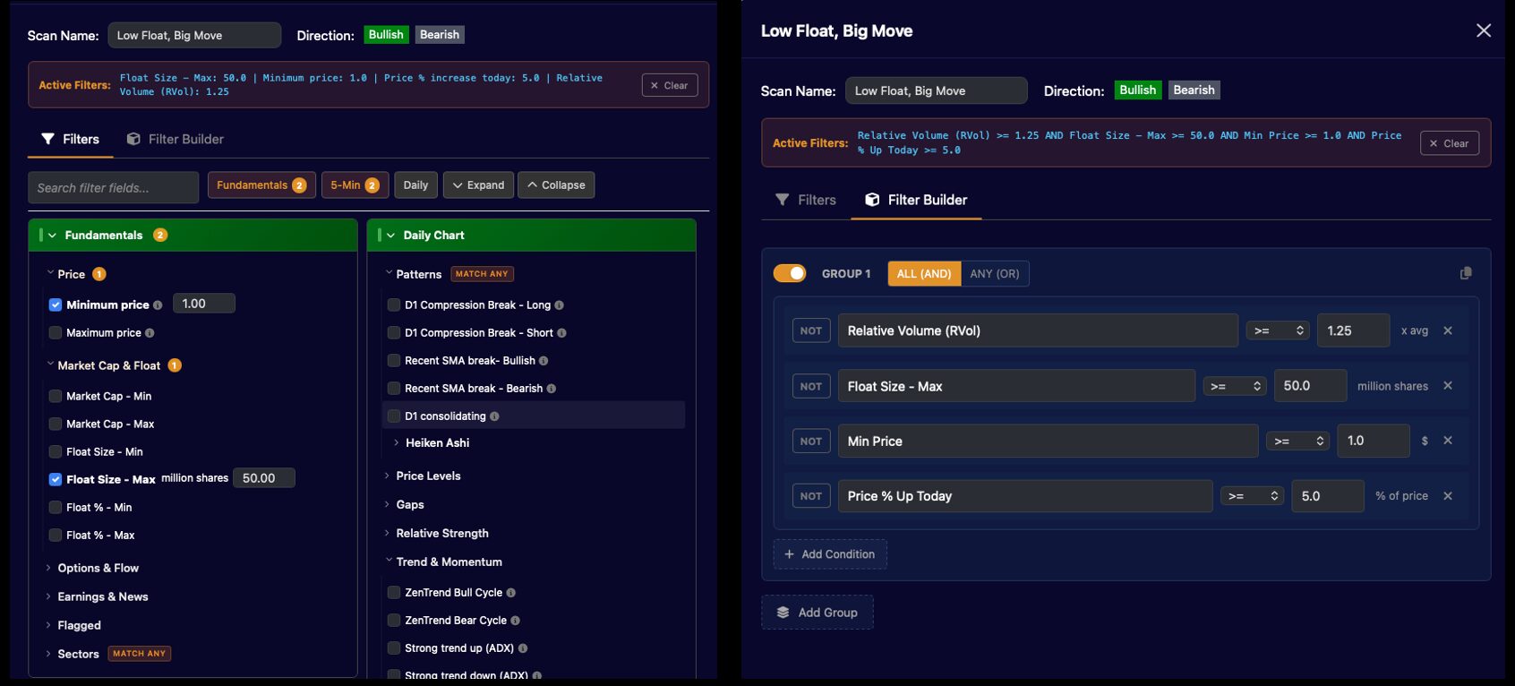 Filter Builder showing a custom group of conditions for a scan