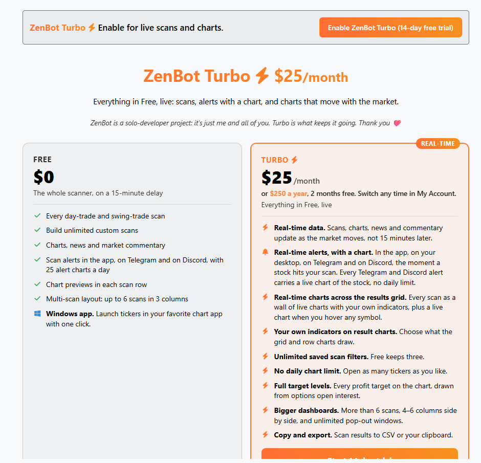 The account page: Free and Turbo side by side. Signed in, it also shows your own plan