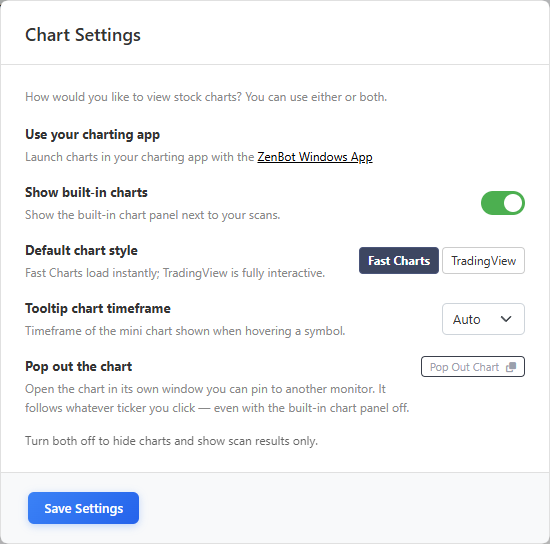 Chart Settings: Use your charting app, the built-in charts, and which chart opens by default