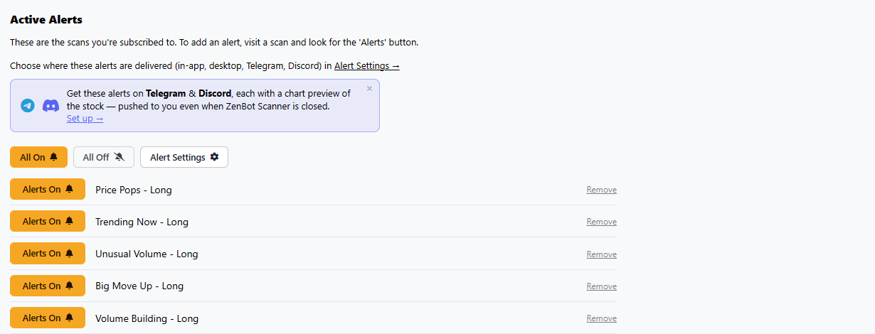Edit Alerts: every scan with an alert, with All On and All Off