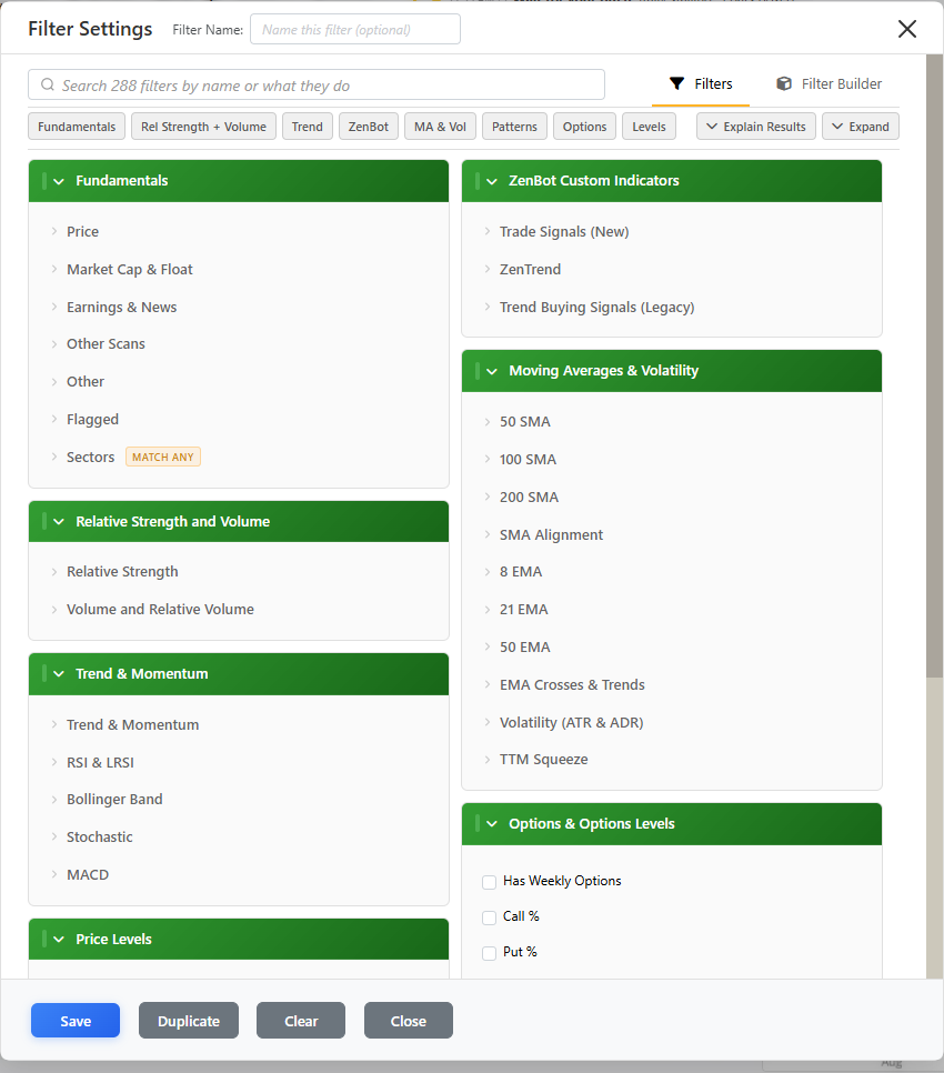 The filter dialog, with search at the top