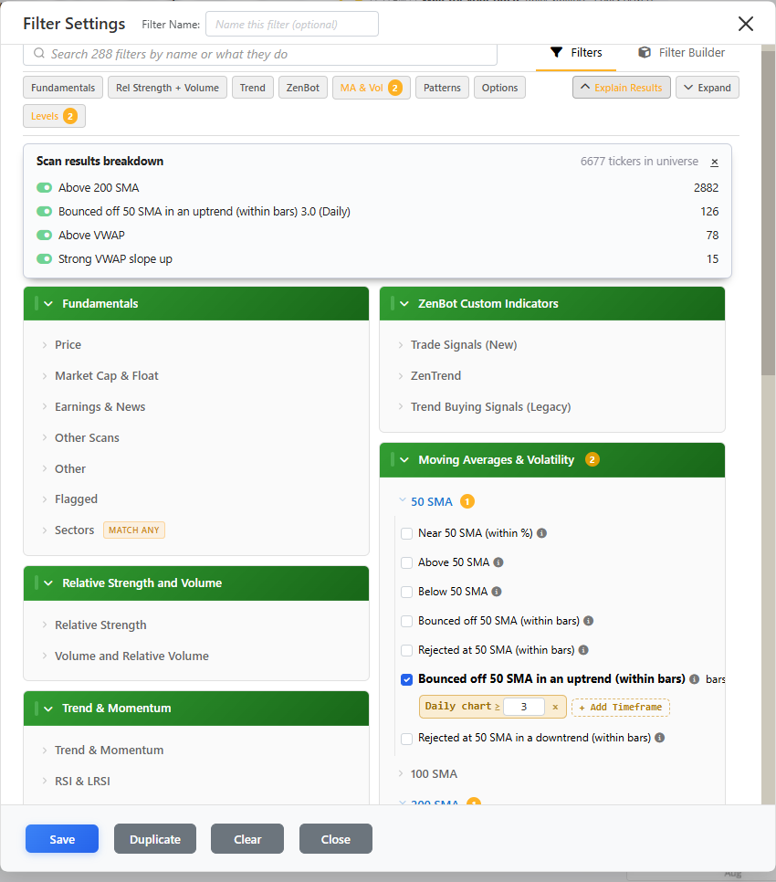 Explain Results inside the filter dialog: 6,677 stocks down to 15, one condition at a time