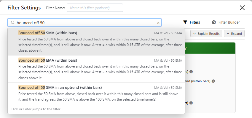 Searching the filter dialog for "bounced off 50"