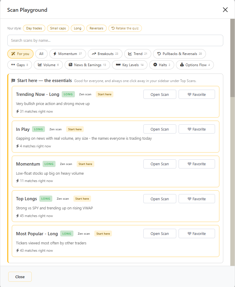 Scan Playground after the quiz: the scans that fit how you trade