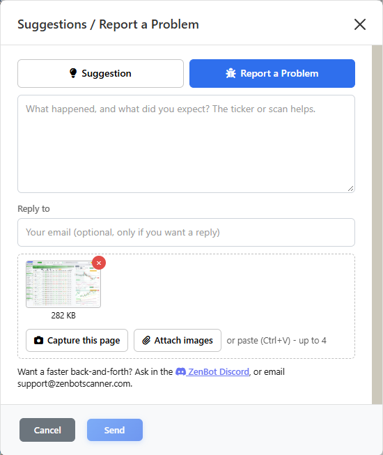 Report a Problem, with a picture of the screen already attached